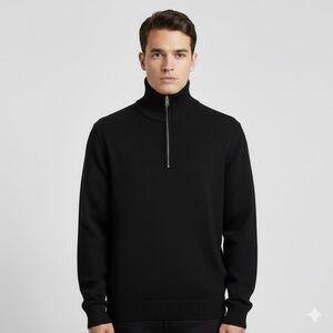 Black Merino Wool Half Zip Sweater - Medium, made in New Zealand 🇳🇿